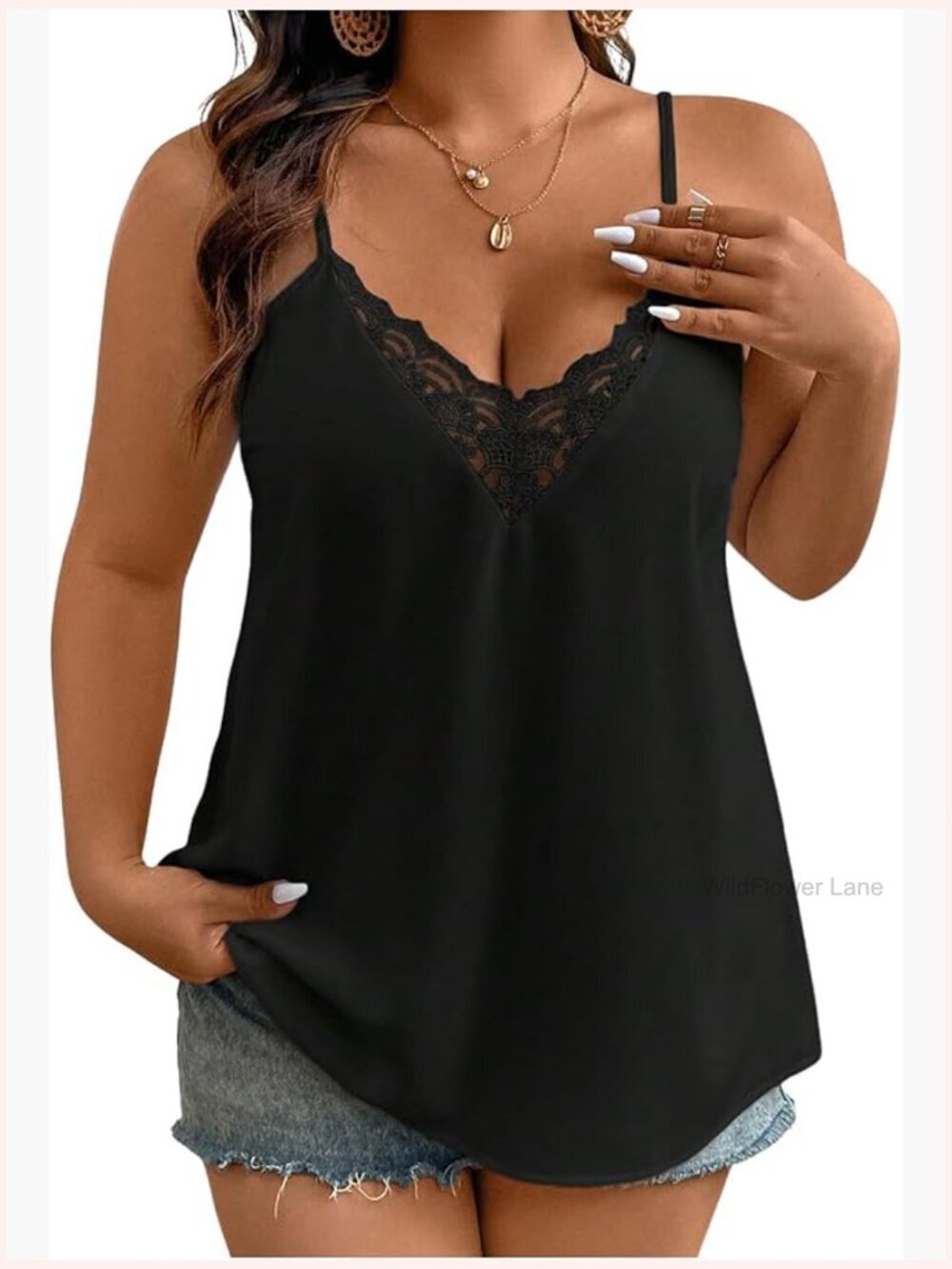Plus Size Lace Trim V Neck Spaghetti Strap Cami Tank Top